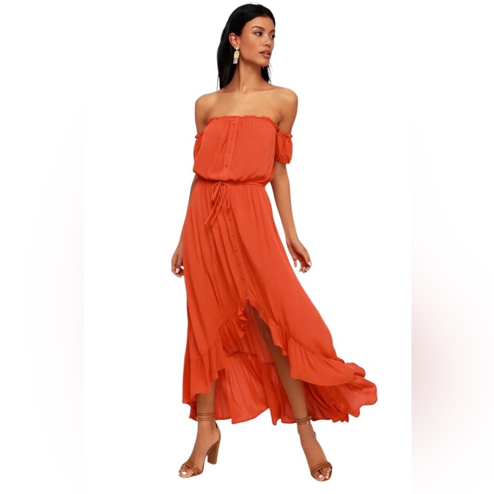 Black Swan Women's Large Natalia Off-Shoulder Ruffle High-Low Dress Red Orange​​